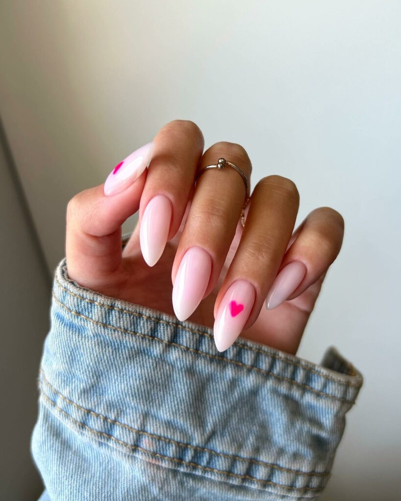 Almond Light Pink Nails with Heart Accents