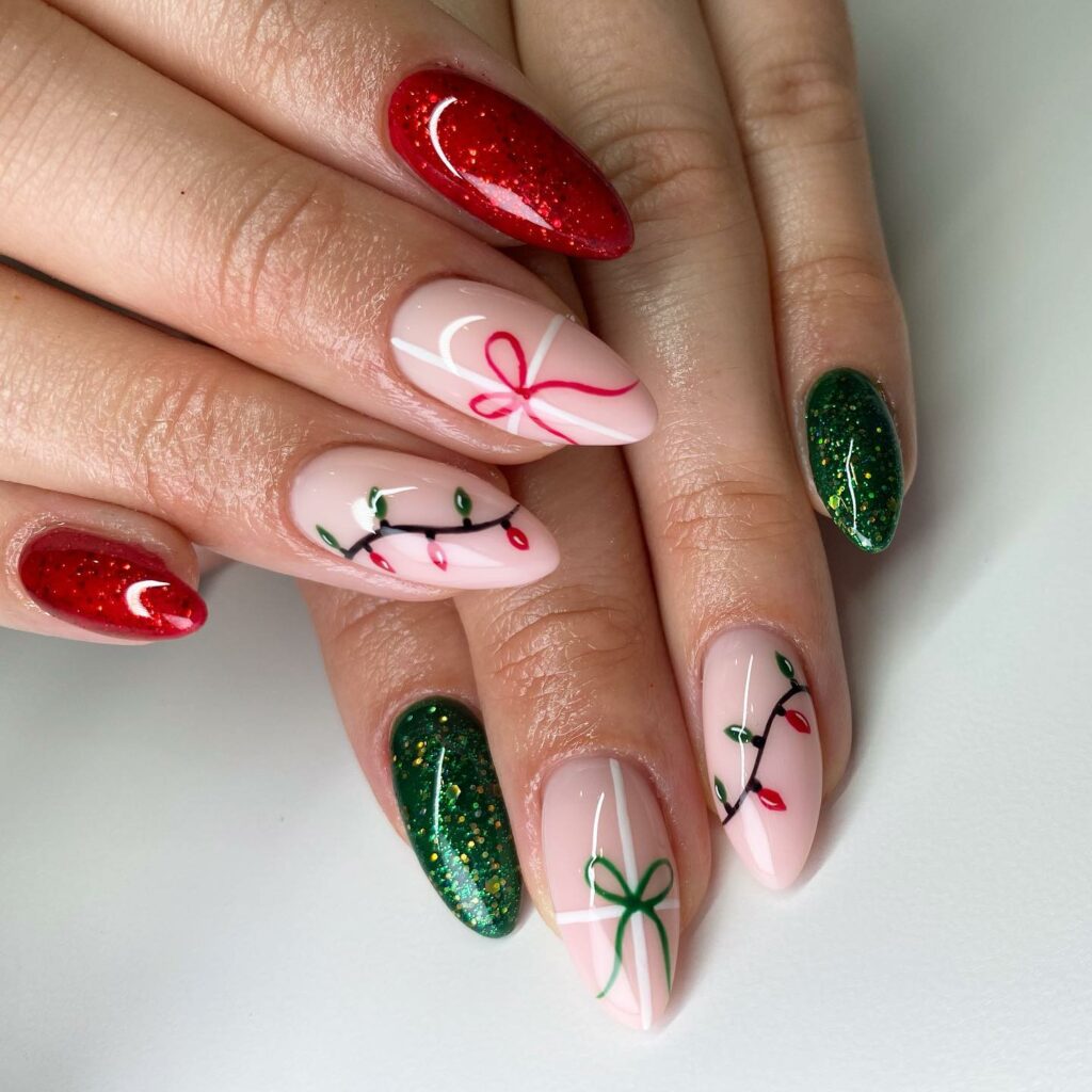Almond Nails in Festive Red and Green Christmas Nails