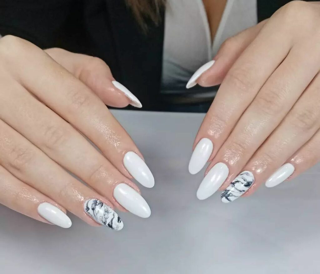 White And Black Marble Accent Nails