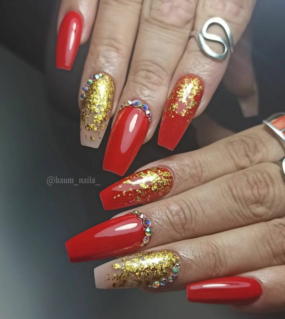 Red Coffin Nail With Gold Flakes And Rhinestones