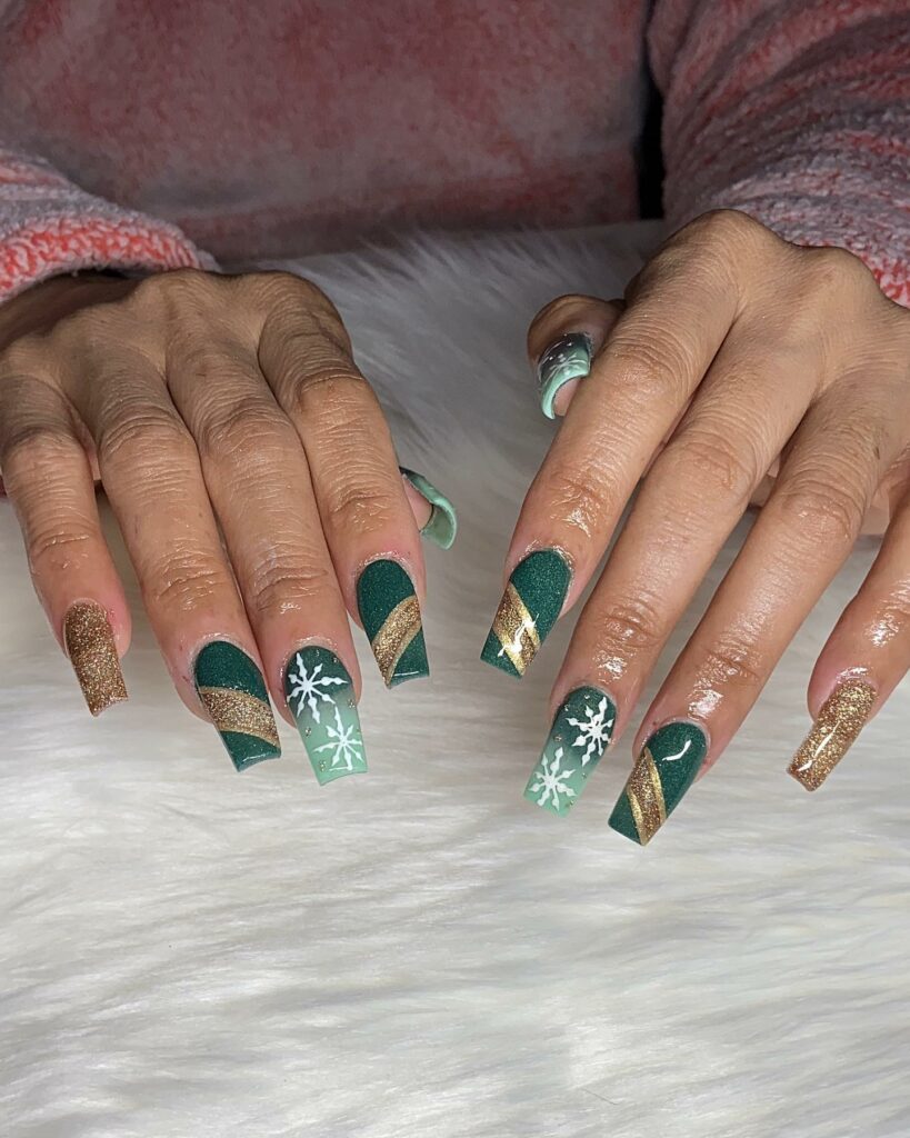 Coffin-Shaped Green Christmas Nails
