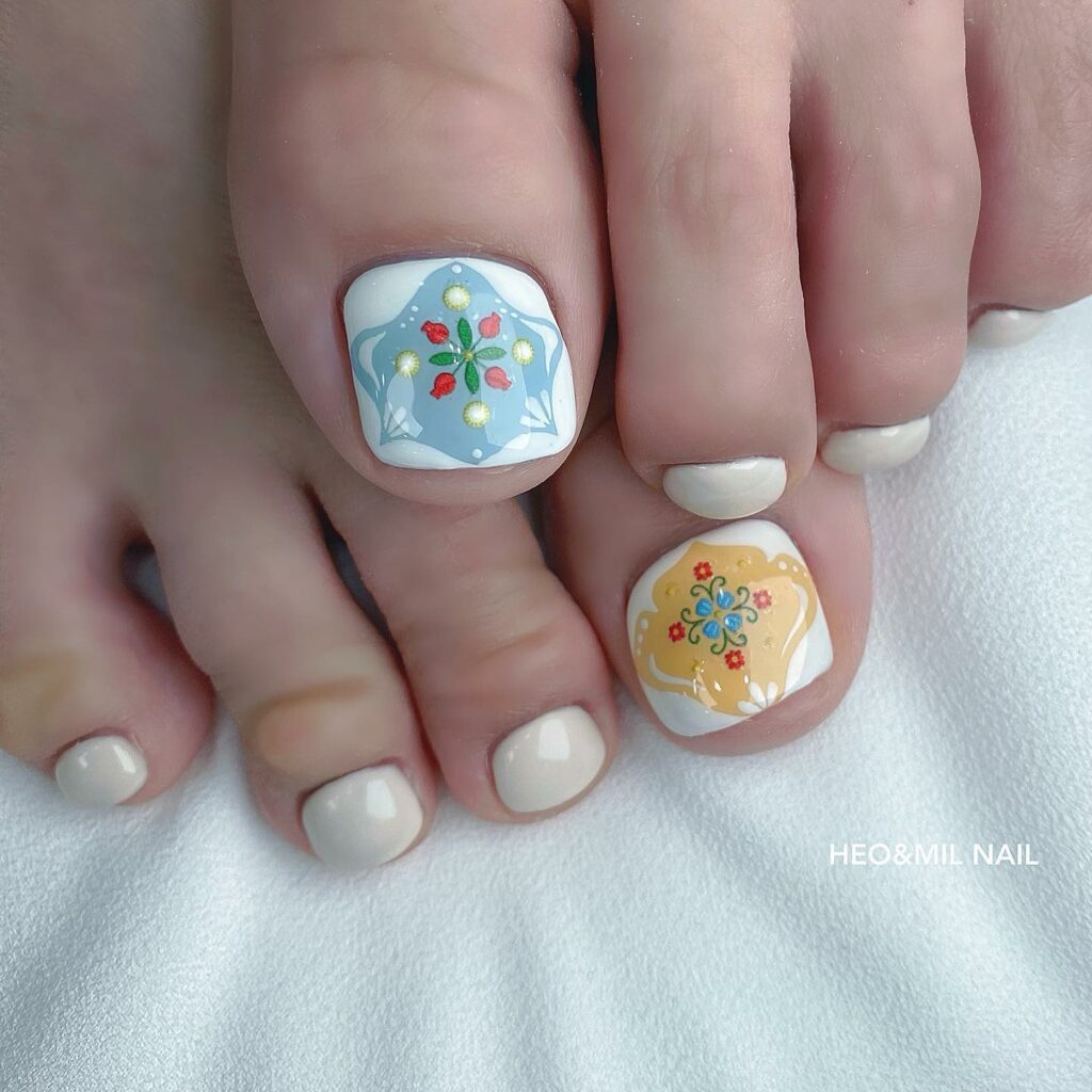 Artistic Florals on Pastel Toe Nails
