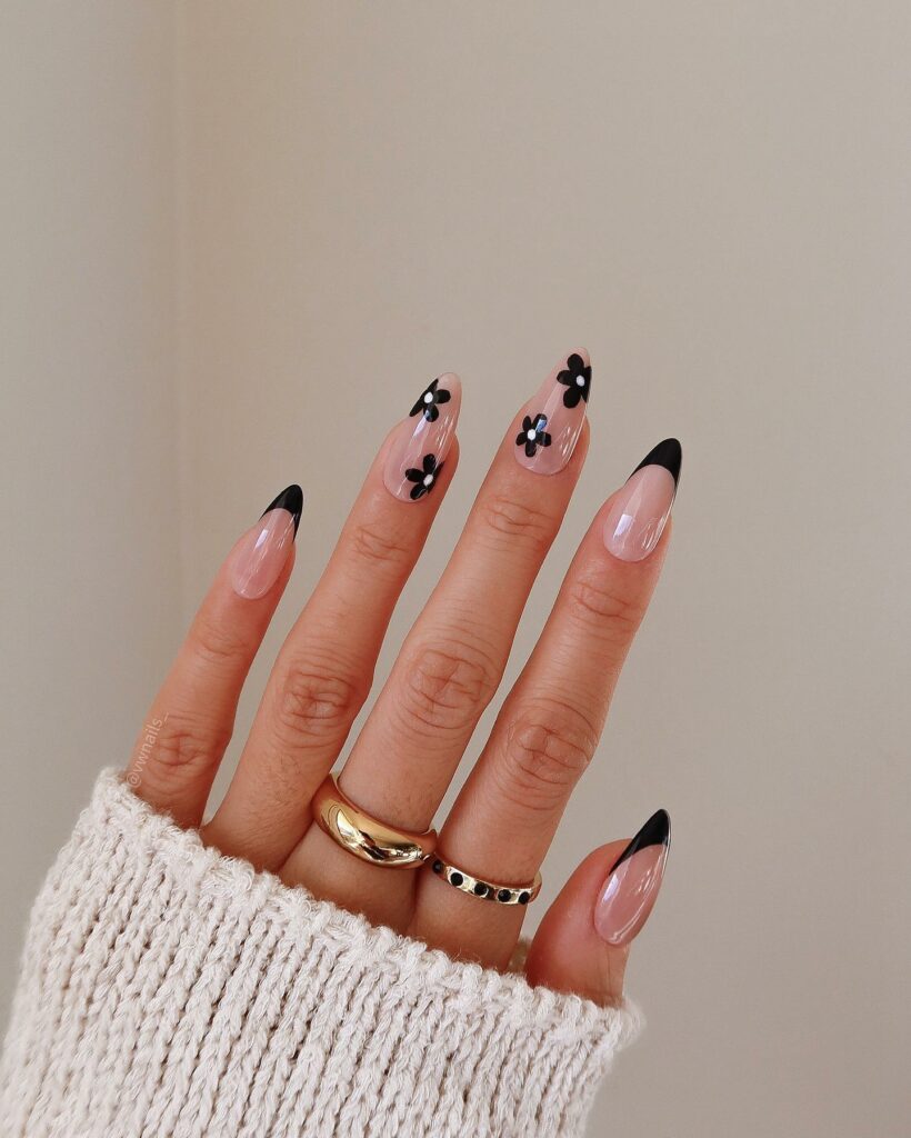 Black Almond Nail Designs With Flowers 