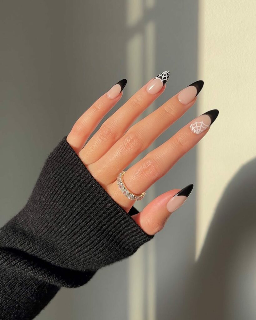 Black Almond Nails With French Webs