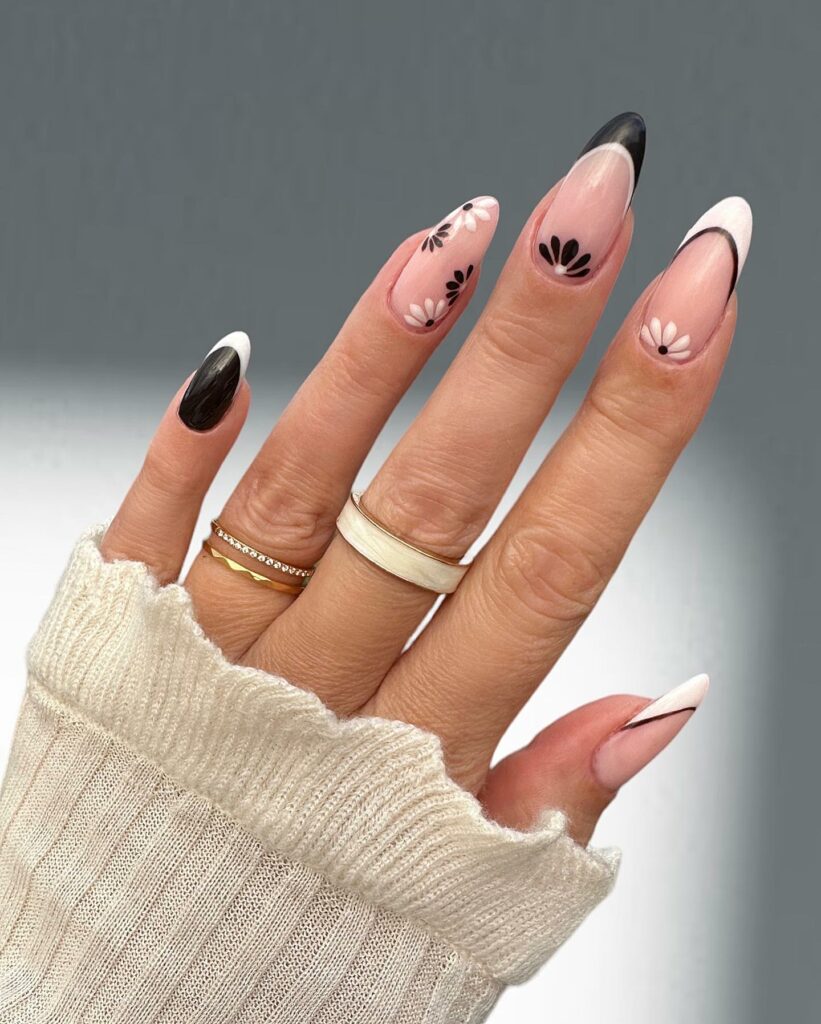 Black Almond Nails with Delicate Florals
