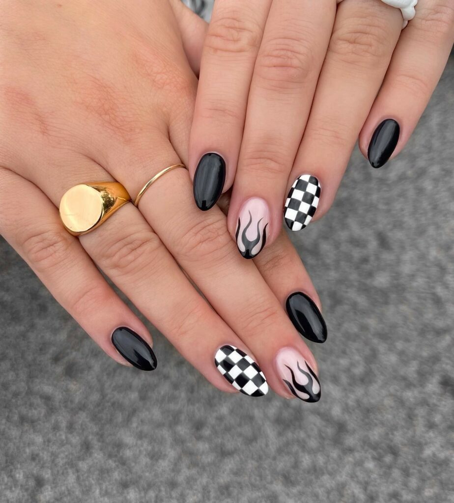 Black and White Nails with a Delicate Pink Accent