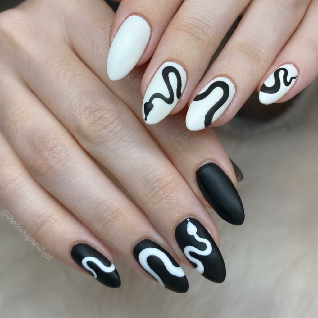 Black and White Snake Almond Nails
