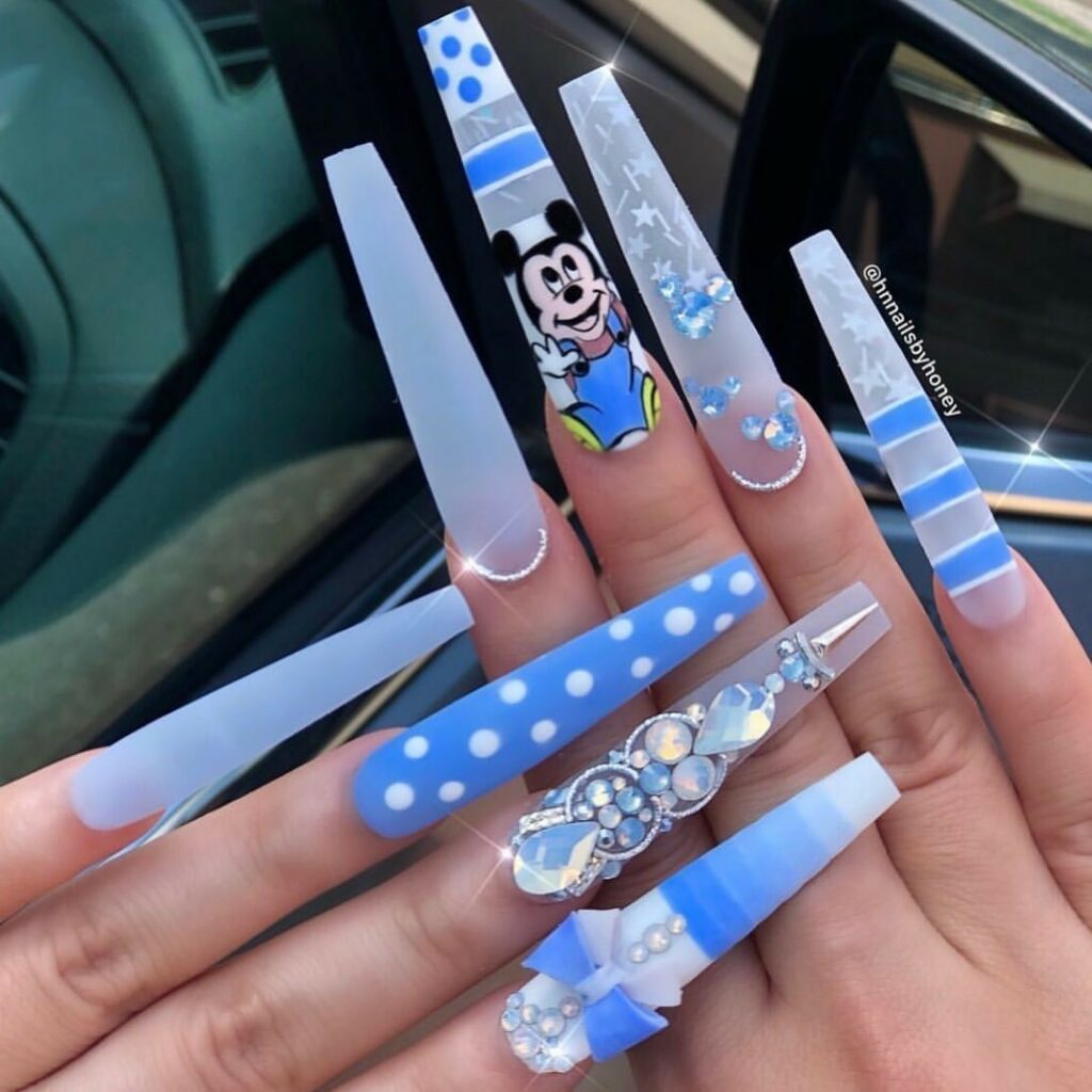 Blue Acrylic Nails with Mickey Mouse Motifs