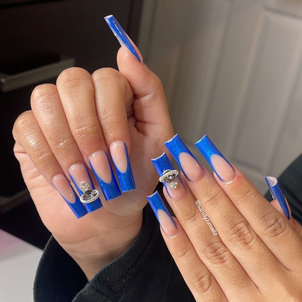 Blue Chrome Accents on French Coffin Nails