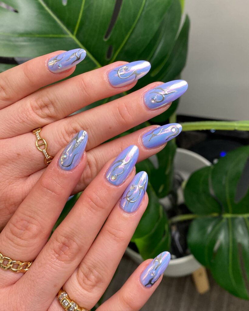 Blue Chrome Nails with Metallic Silver Accents