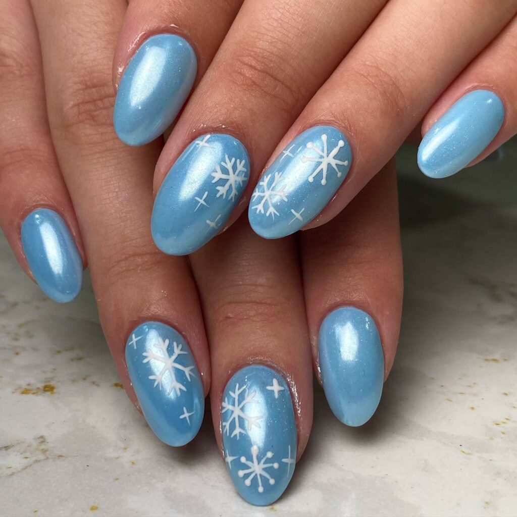 Blue Chrome Nails with Snowflakes