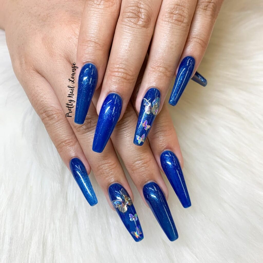 Blue Coffin Nails with Butterfly Accents