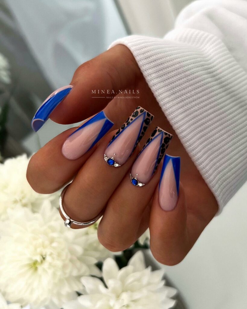 Blue French Coffin Nails with Cheetah Print