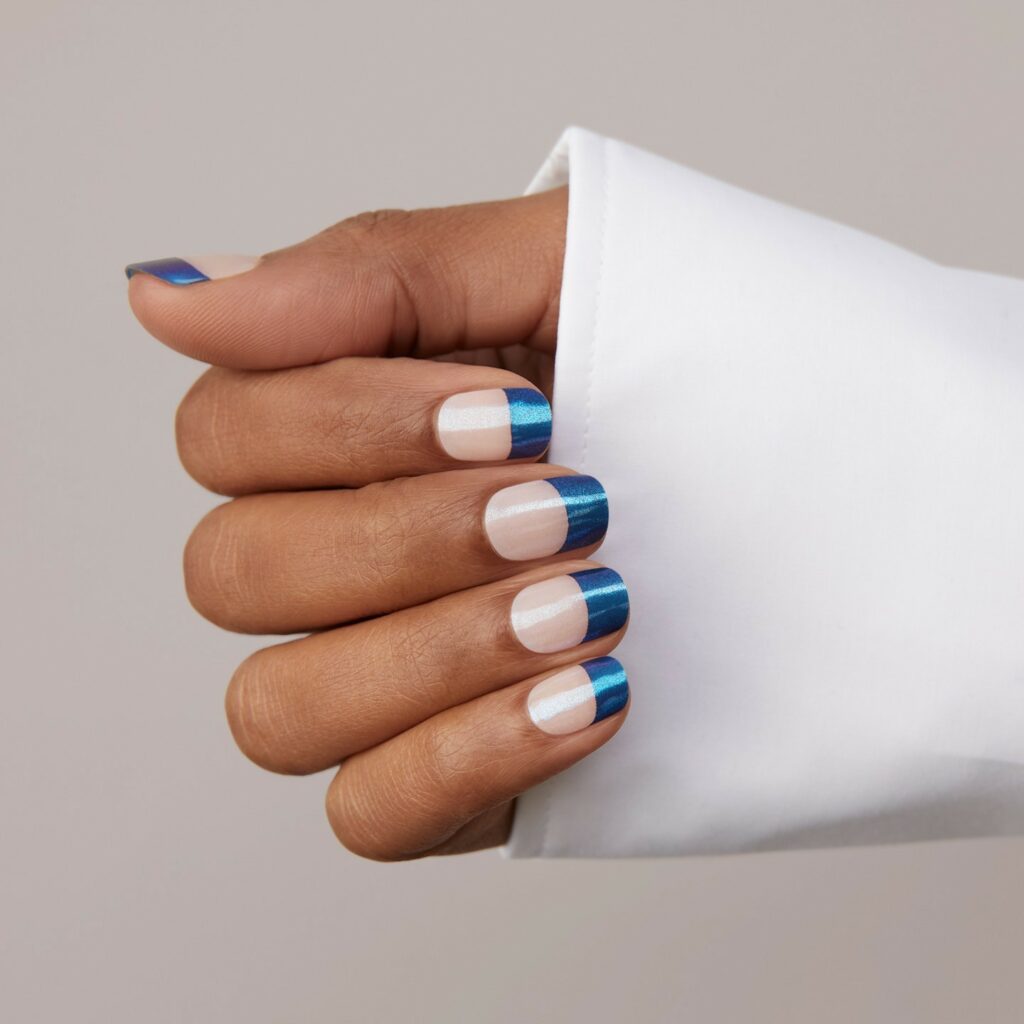 Blue and White Chrome French Nails
