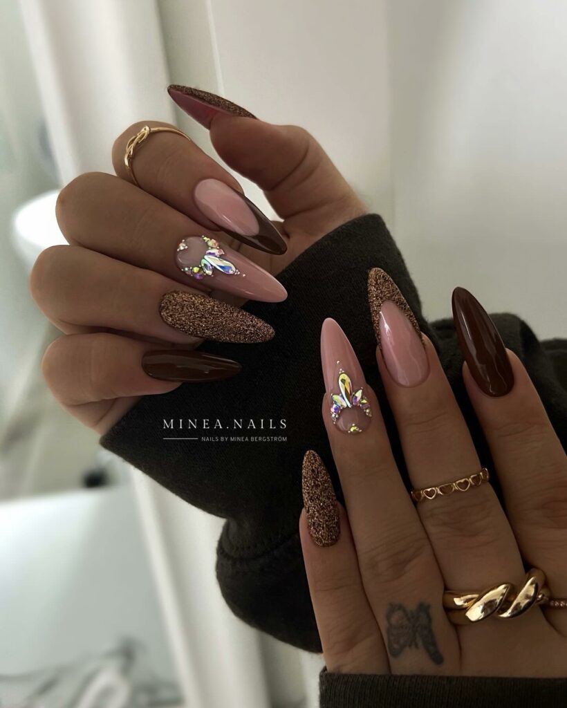 Brown French Nails with Glitter Highlights