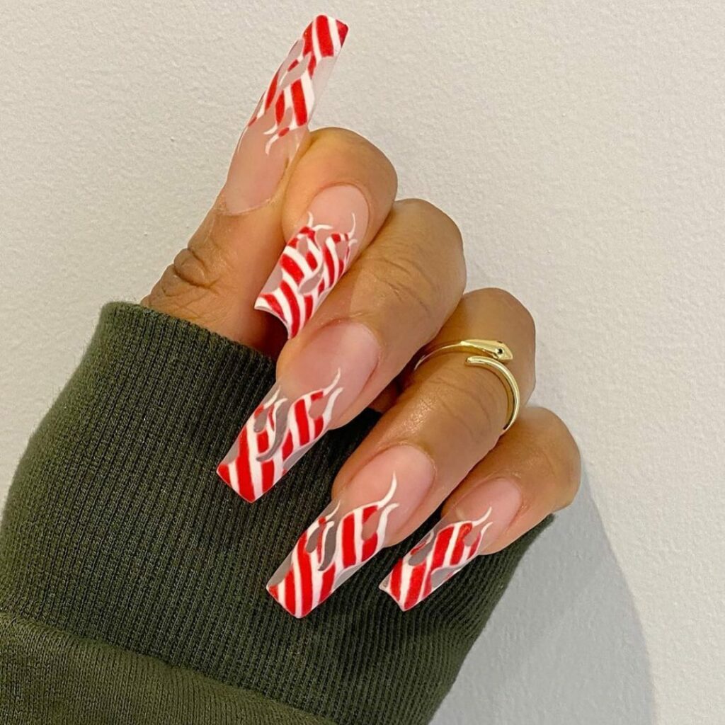 Candy Cane Nails with Flame Designs