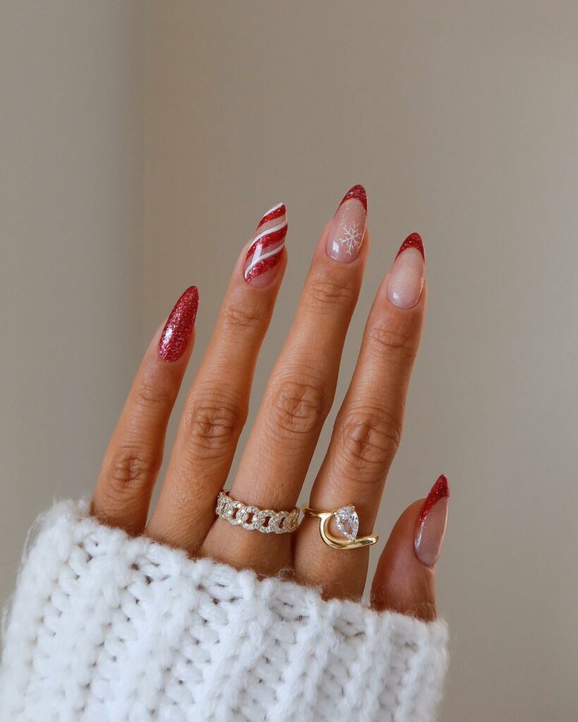 Candy Cane-Inspired Red Glitter Nails
