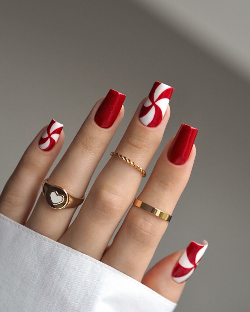 Candy Cane Swirl Red Short Christmas Nails