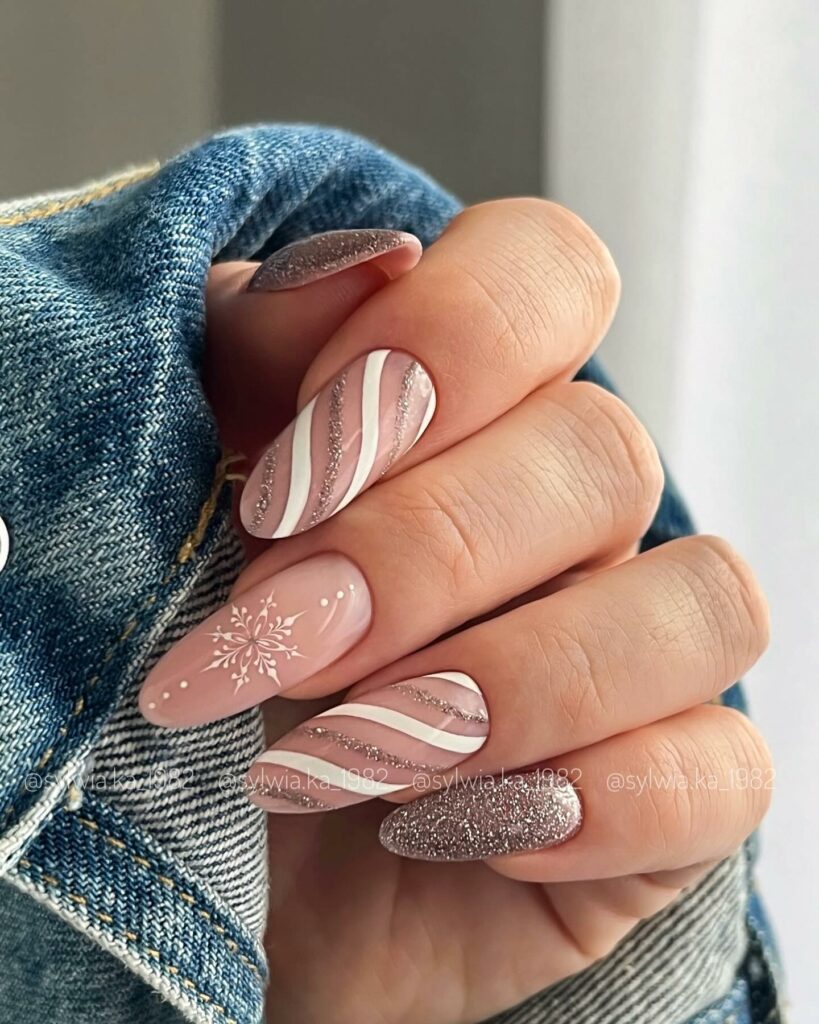 Christmas Inspired White and Silver Nails