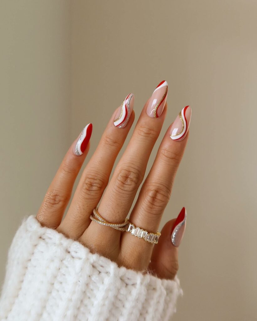 Whimsical Christmas Swirls on Red Nails