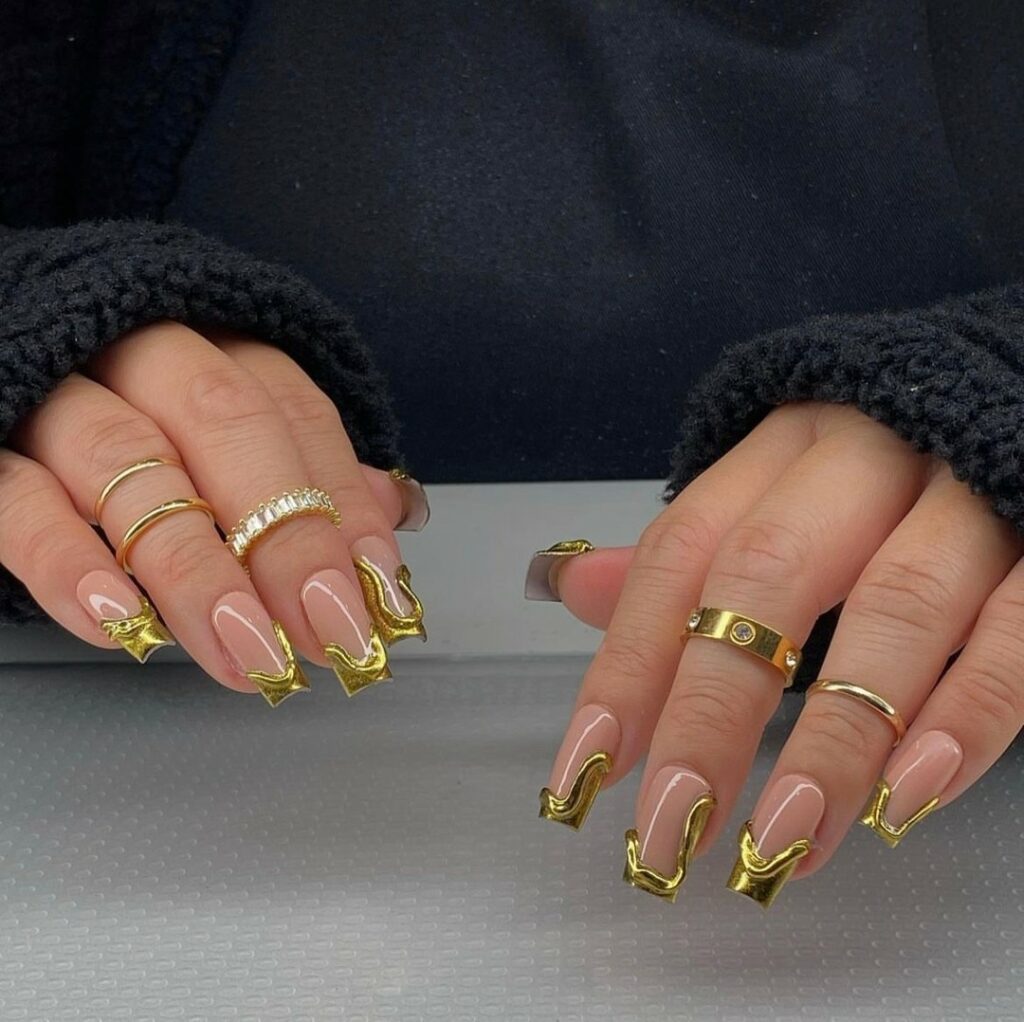 Chrome Swirl Gold French Nails