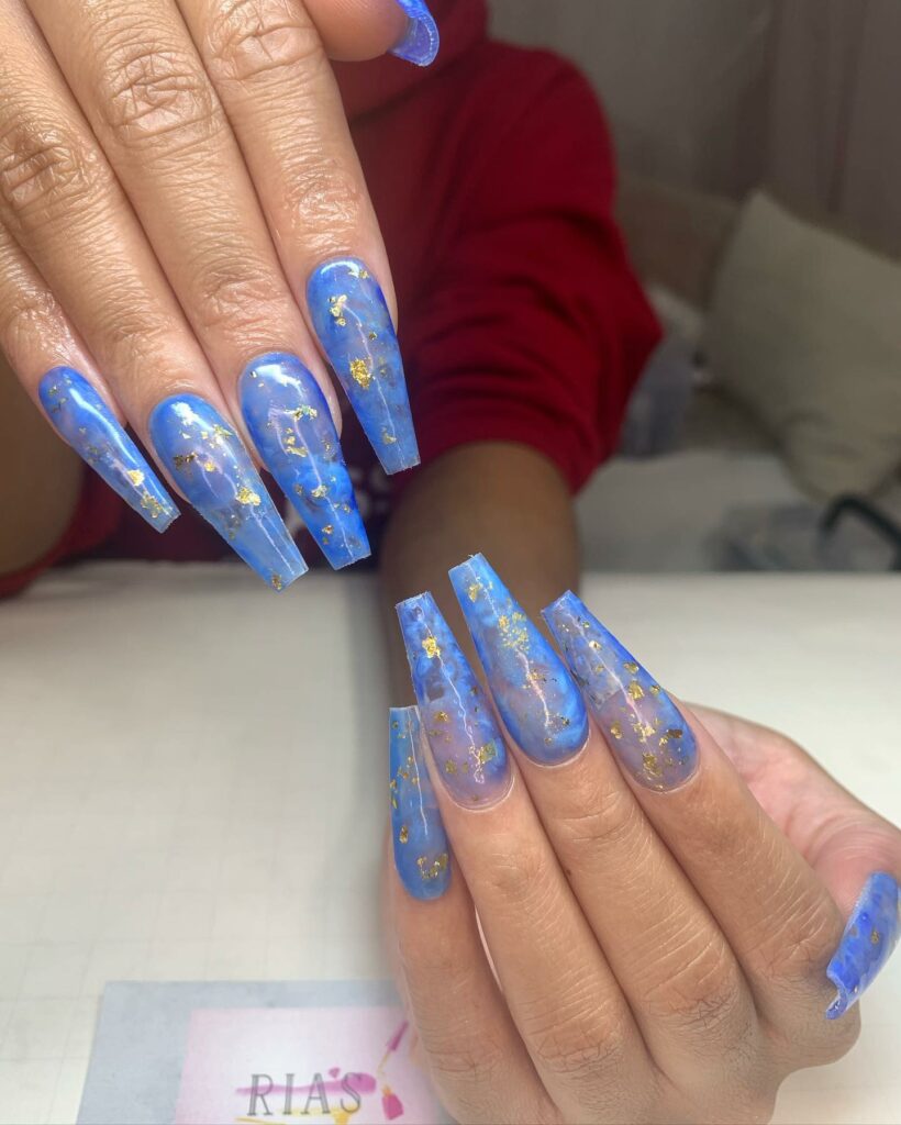 Clear Blue Coffin Nails with Gold Foil