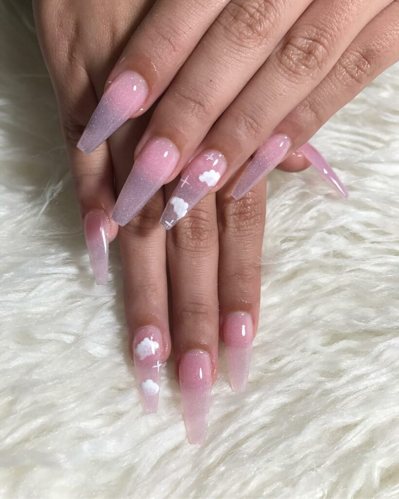 Clear Pink Nails with Cloud Accents