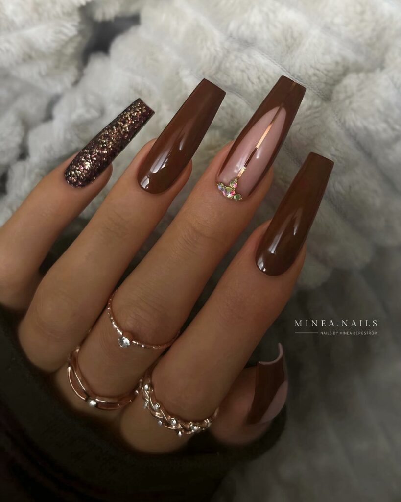 Coffin-Shaped Brown French Nails