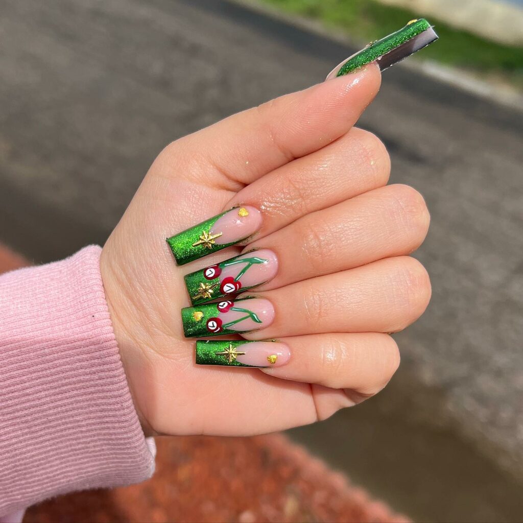 French Tips on Coffin-Shaped Green Christmas Nails
