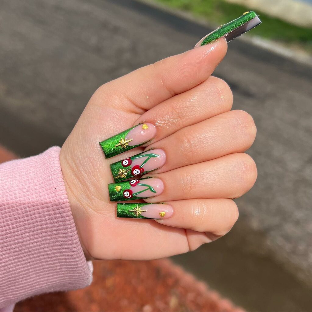 French Tips on Coffin-Shaped Green Christmas Nails