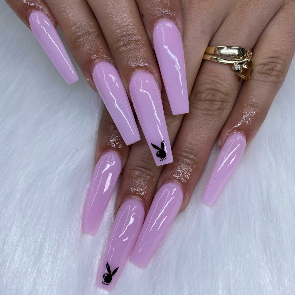 Coffin-Shaped Pink Elegance with Playboy Nails