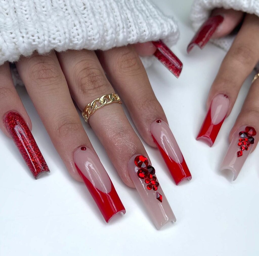Coffin Red and Pink Nails with Rhinestone Accents