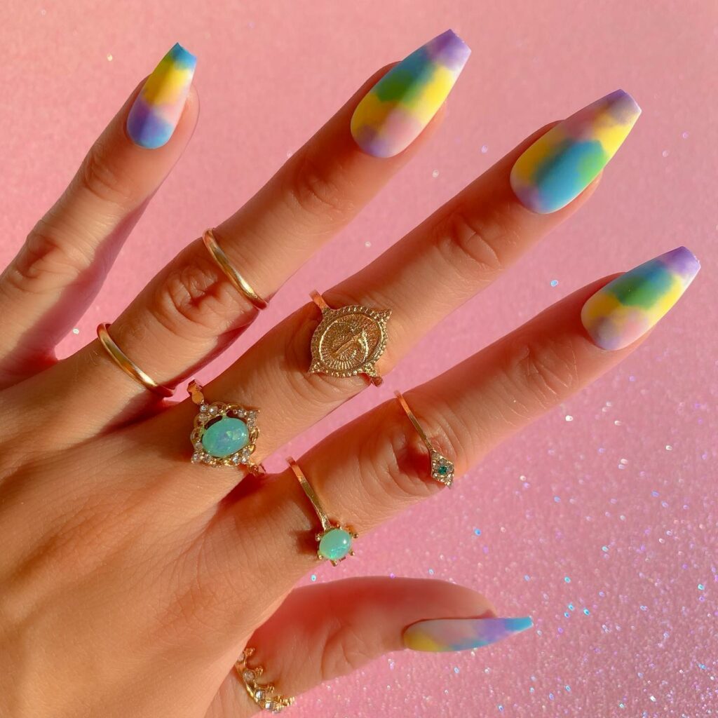 Bold Coffin-Shaped Tie-Dye Nails