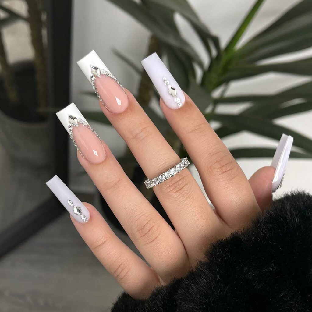 Coffin White Nails with Crystal Embellishments