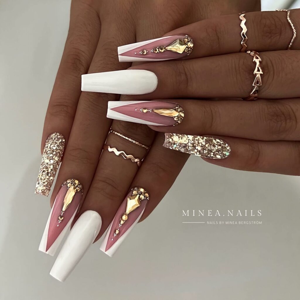 Coffin White Nails with Golden Embellishments