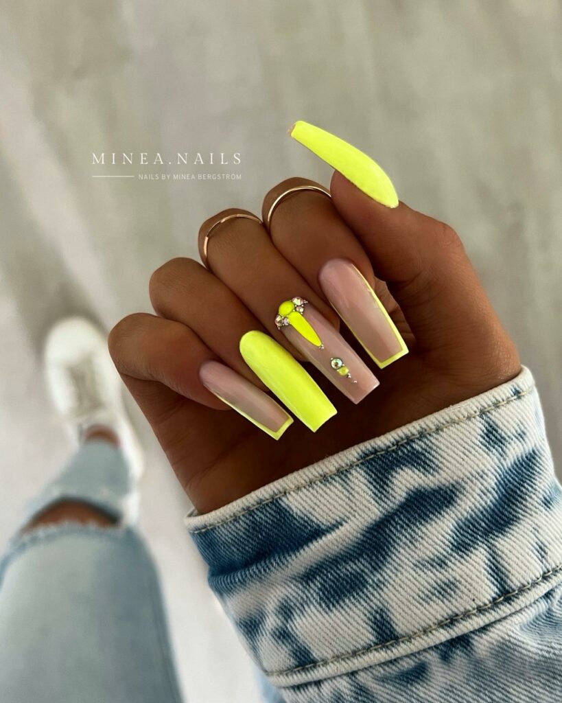 Coffin Yellow Nails with Gems