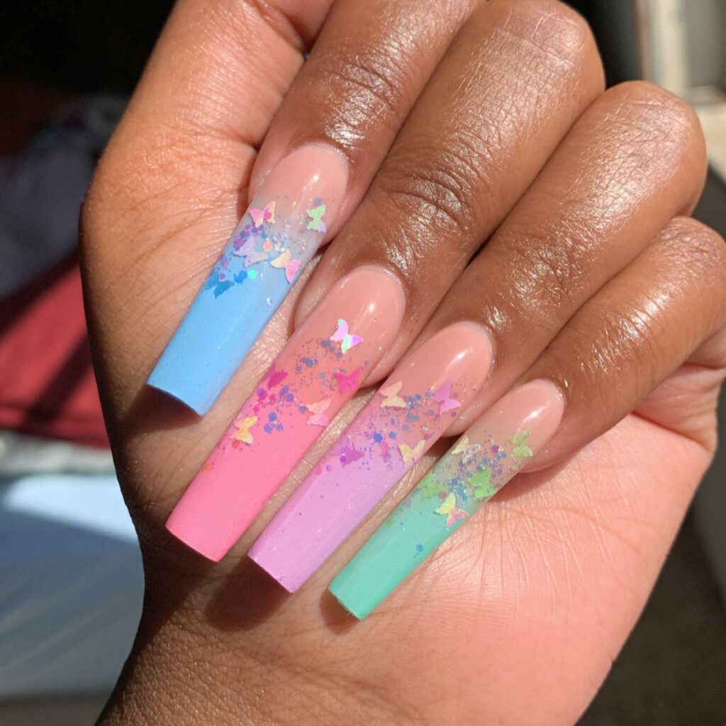 Colorful Nude Ombre Butterfly Nails