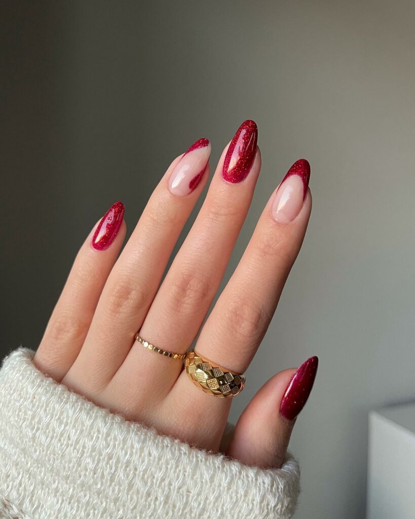 Dark Red Nails With Glitter