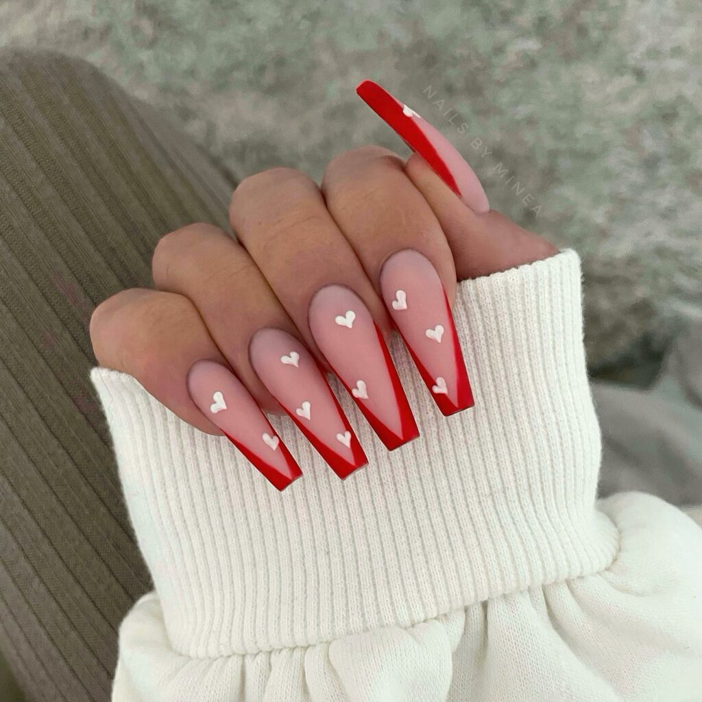 Delicate Hearts on a Gradient Red and Pink Nails
