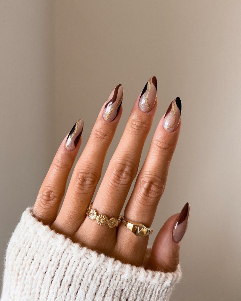 Elegant Almond Burgundy Nails with Gold Accents