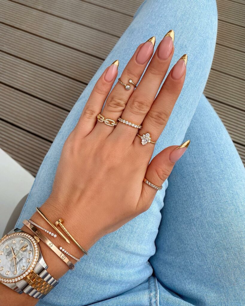 Elegant Almond Gold French Nails