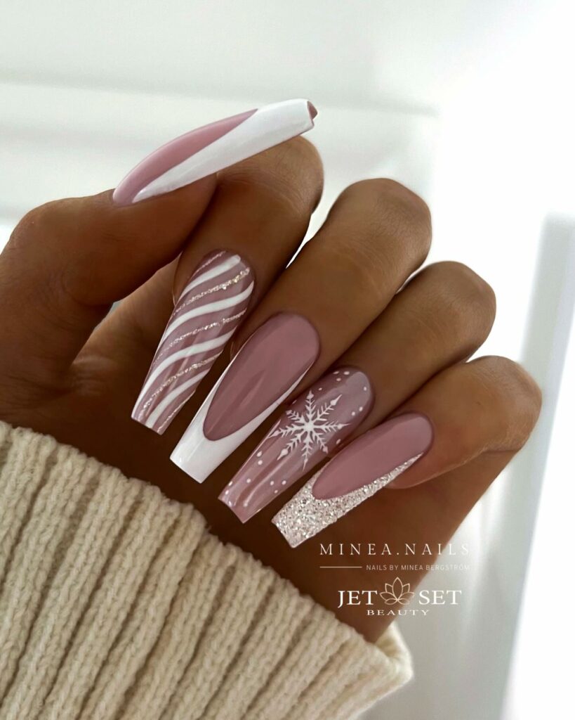 Elegant White Glitter Christmas Nails