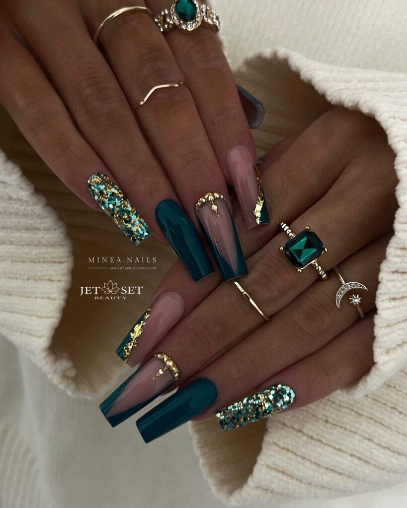 Emerald Green and Gold Nails with a Touch of Marble