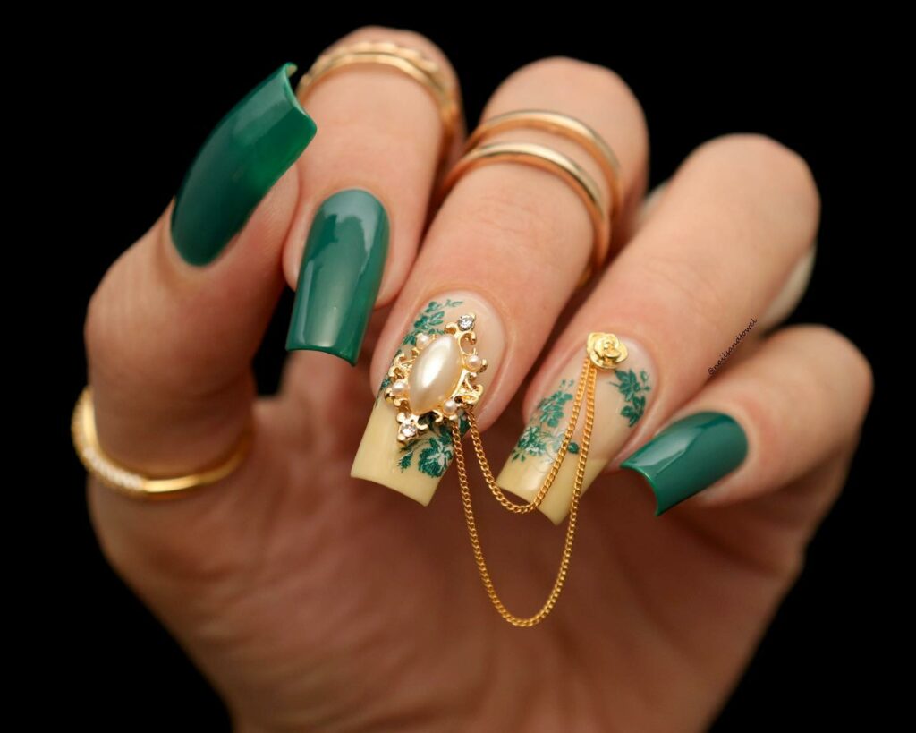 Emerald and Ivory Nails with Golden Flourishes