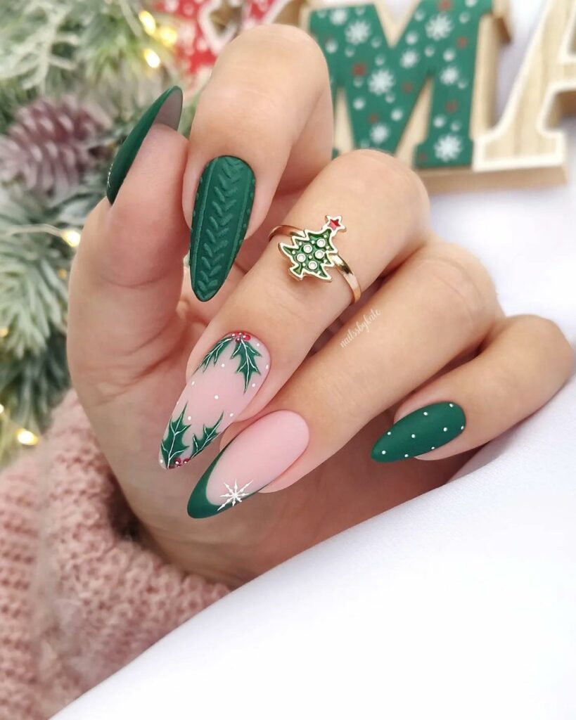 Festive Greens & Delicate Flurries Nails