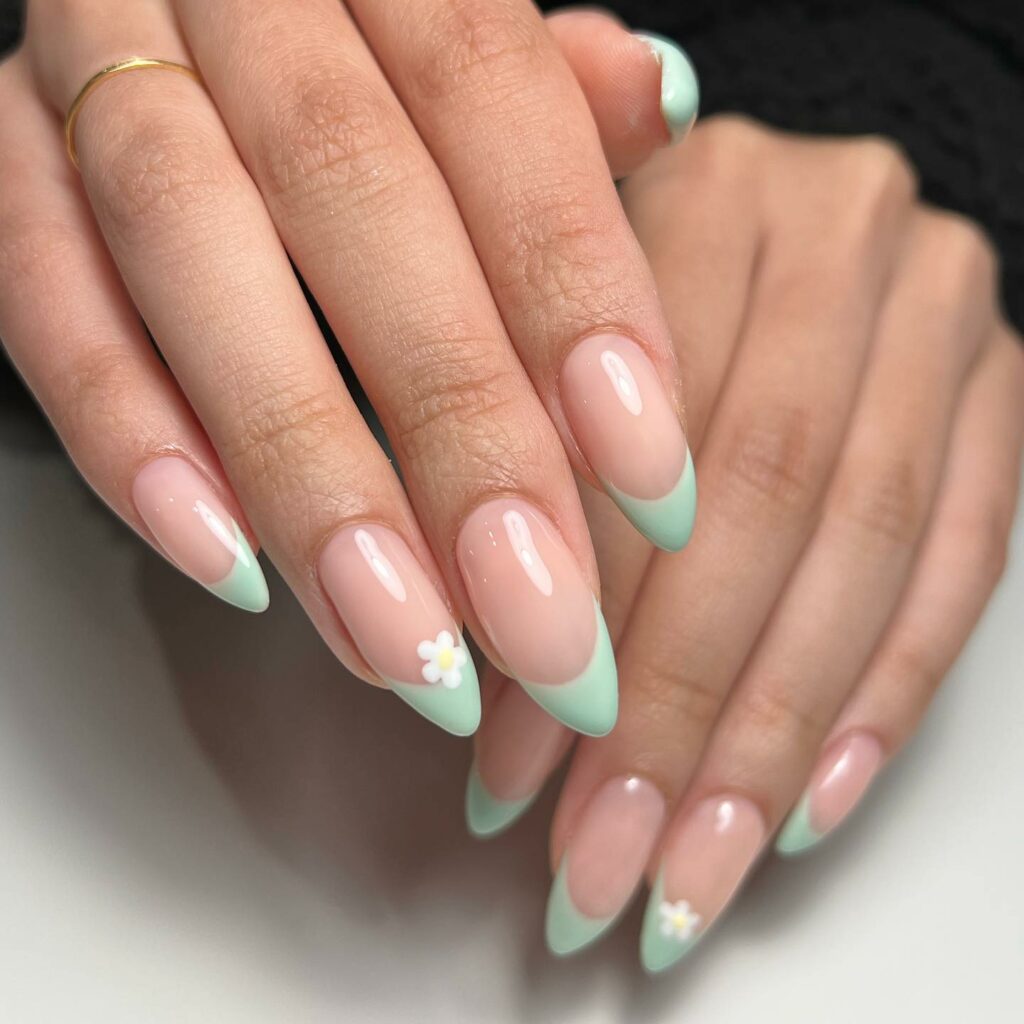 Nature-Inspired Floral Almond Mint Green Nails
