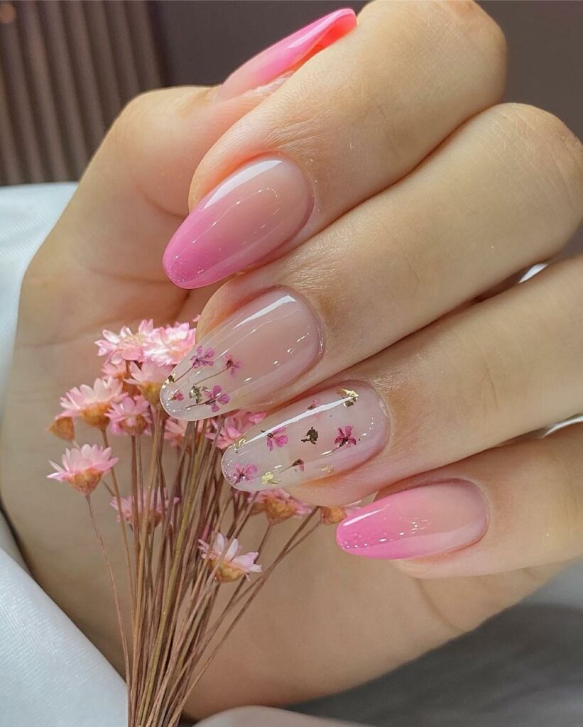 Floral Designs on Light Pink Nails