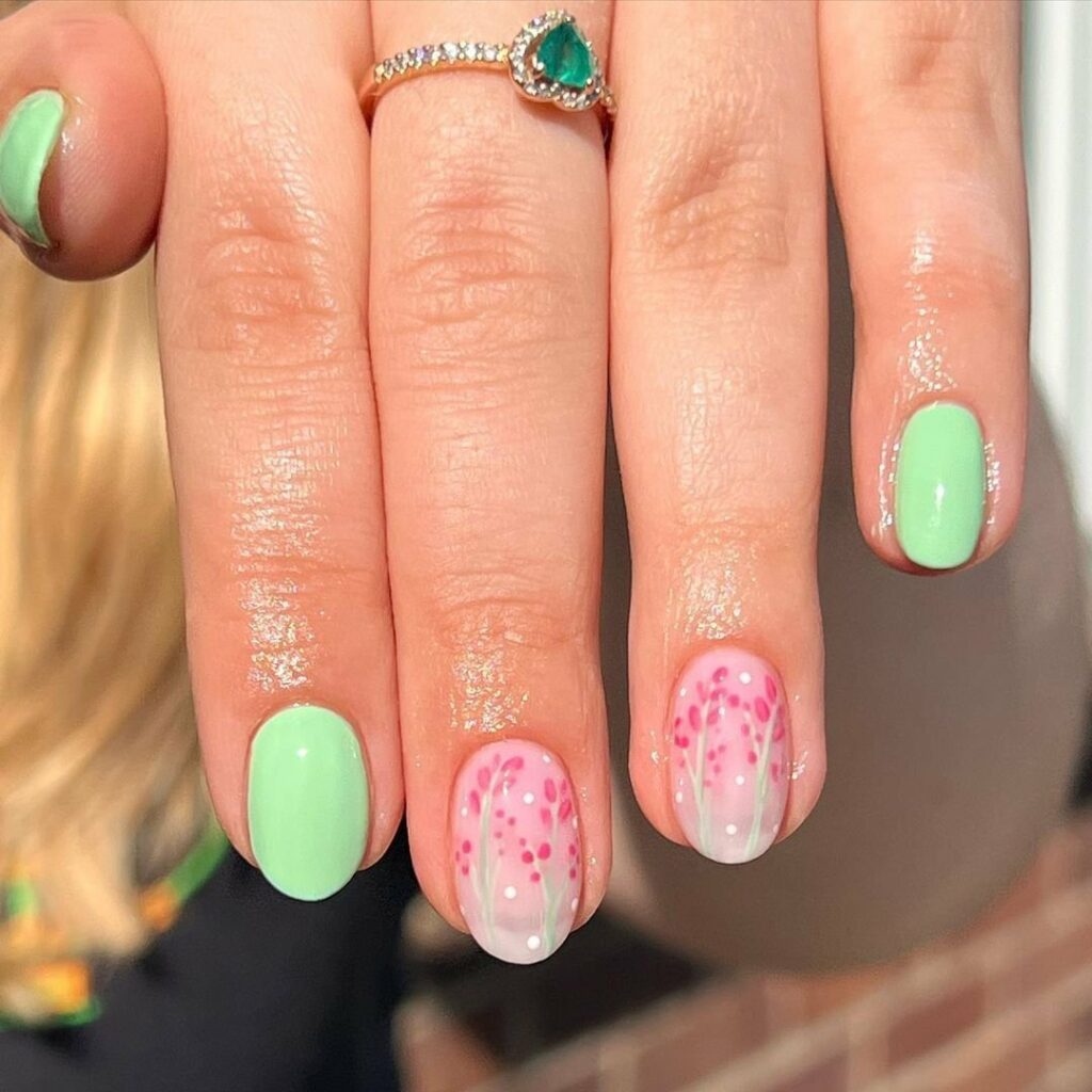 Floral Designs on Mint Green Nails