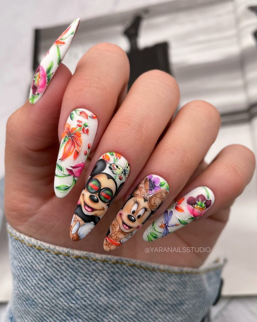 Floral Mickey Mouse Cartoon Nails
