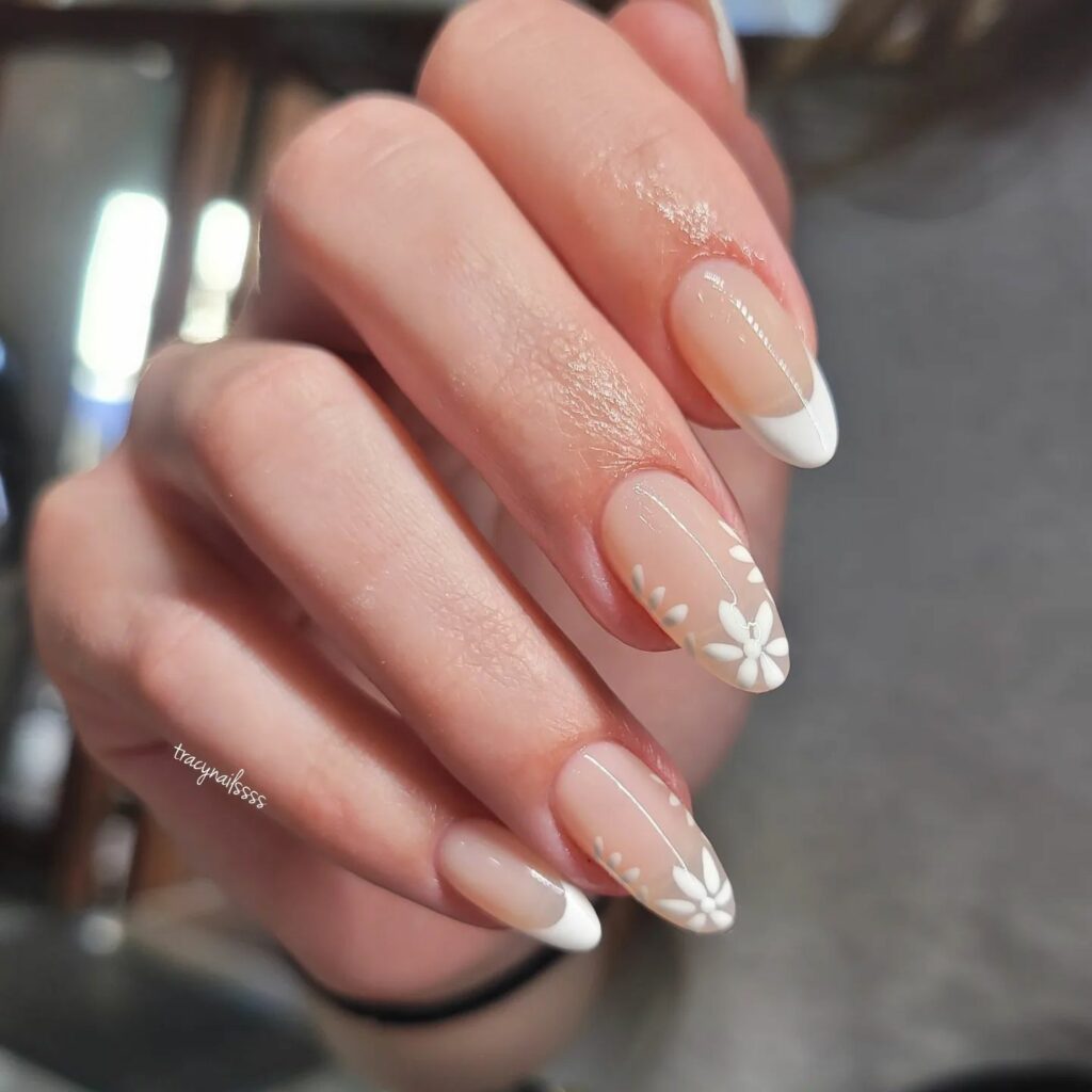 Floral Designs on White Almond Nails
